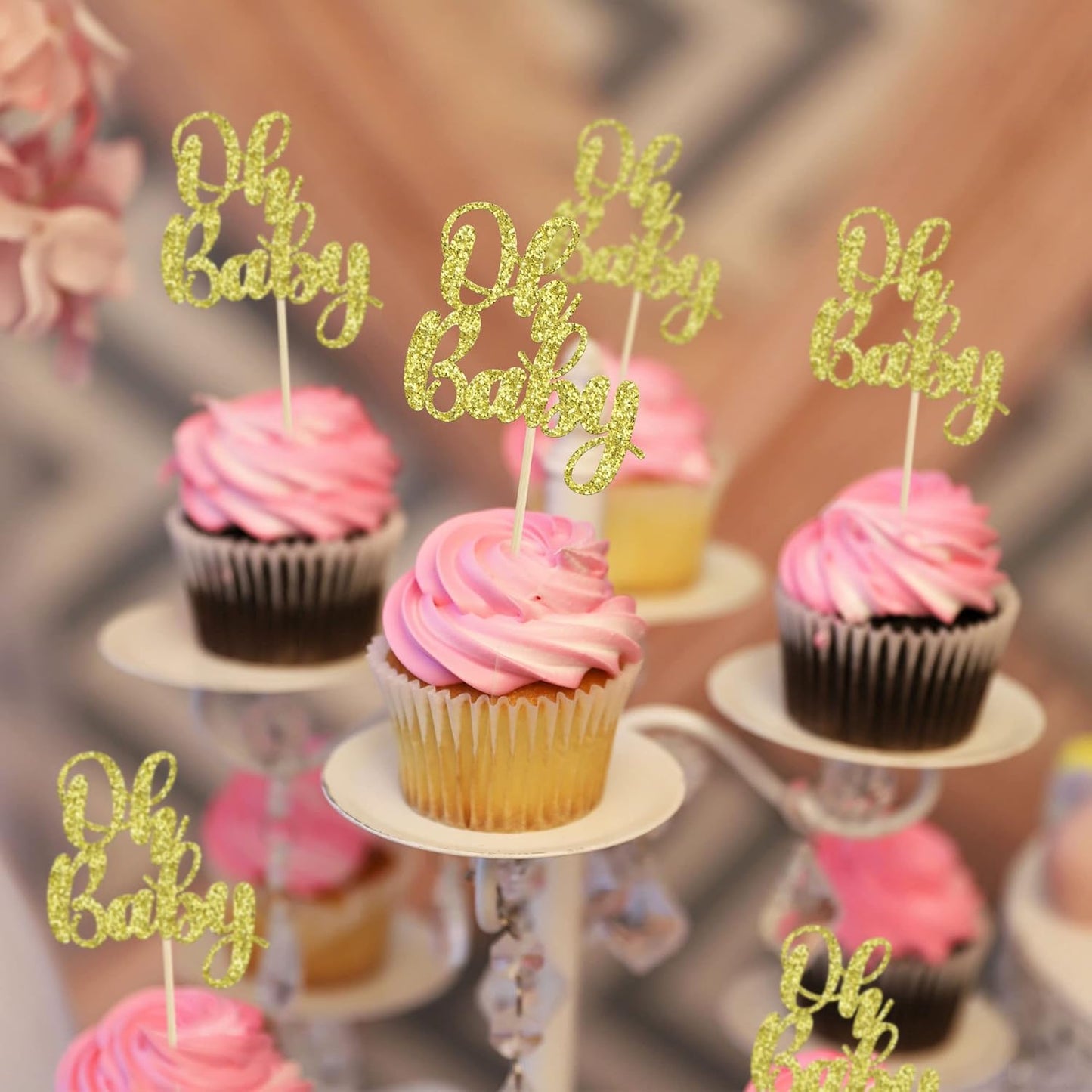 Gyufise 36 Pack Oh Baby Cupcake Toppers Glitter Baby Shower Cupcake Picks Decorations for Celebrating Baby Shower Kids Birthday Party Supplies Gold