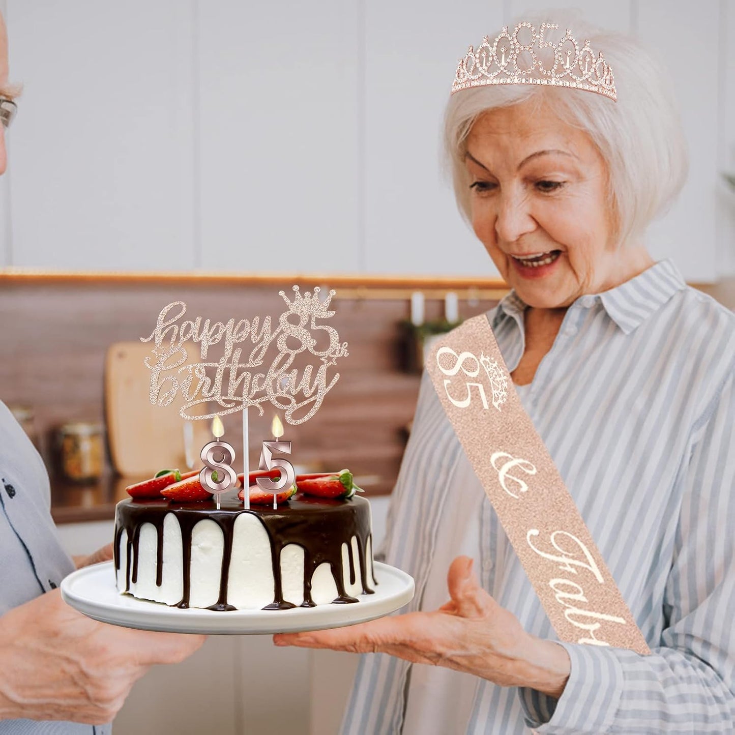 85th Birthday Party Decorations Including Sash, Crown, Numeral Candles and Cake Topper, Rose Gold 85th Birthday Decorations for Women