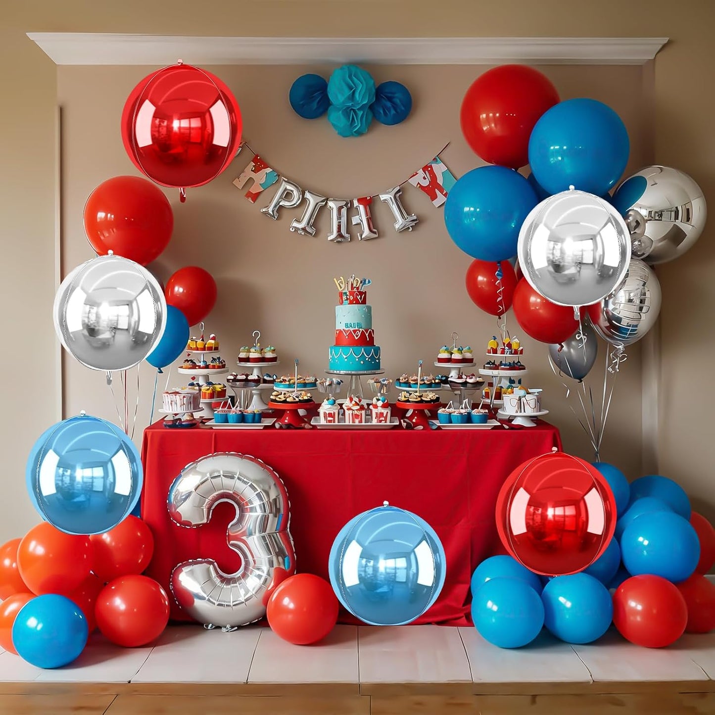 6Pcs Red Blue Silver Round Foil Balloons, 22inch 4D Metallic Balloons, Large Round Foil Ball Balloon for Birthday Graduation 4th of July, Independence Day USA Patriotic Party Decoration