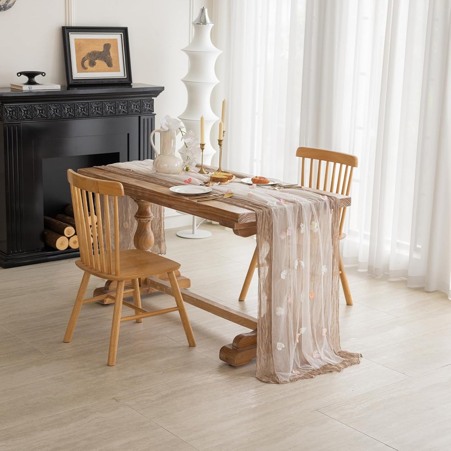 Romantic Artificial Floral Table Runner 10ft Gauze Tulle Lace Table Runner Set for Wedding Baby Shower Bridal Shower Holiday Kitchen Dining Table Decoration for Home Party Special Occasion