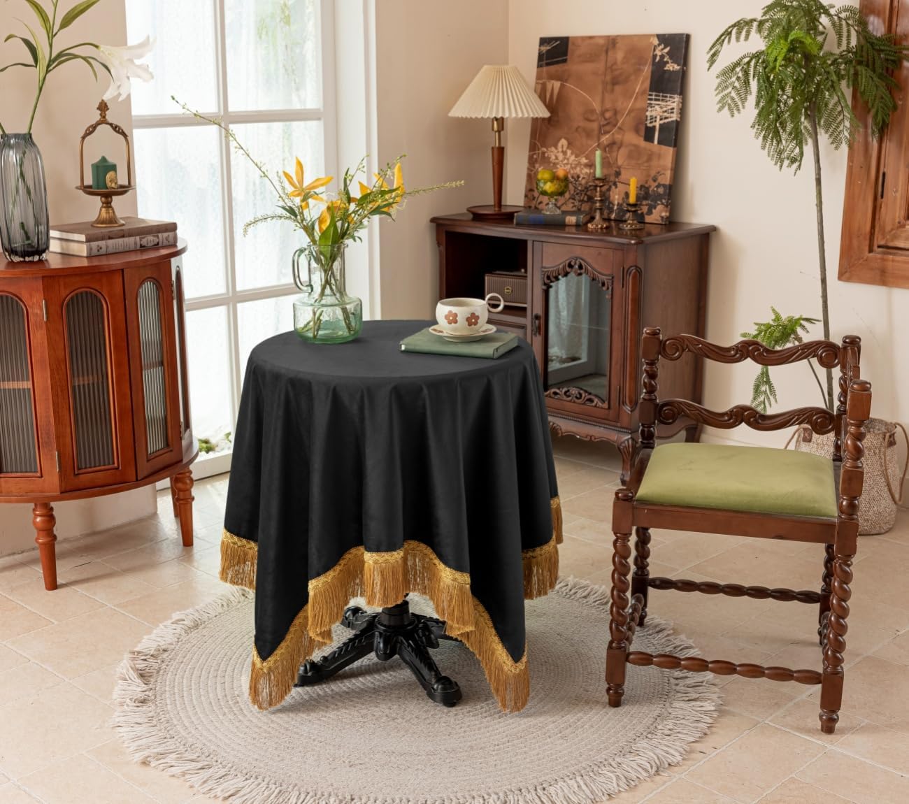 F-CHU Luxury Black Tablecloth Thickset Velvet Tablecloth with Beautiful Gold Tassels Table Cloth for Home Decor Wedding, Party, Banquet and Events 60x60-Inch