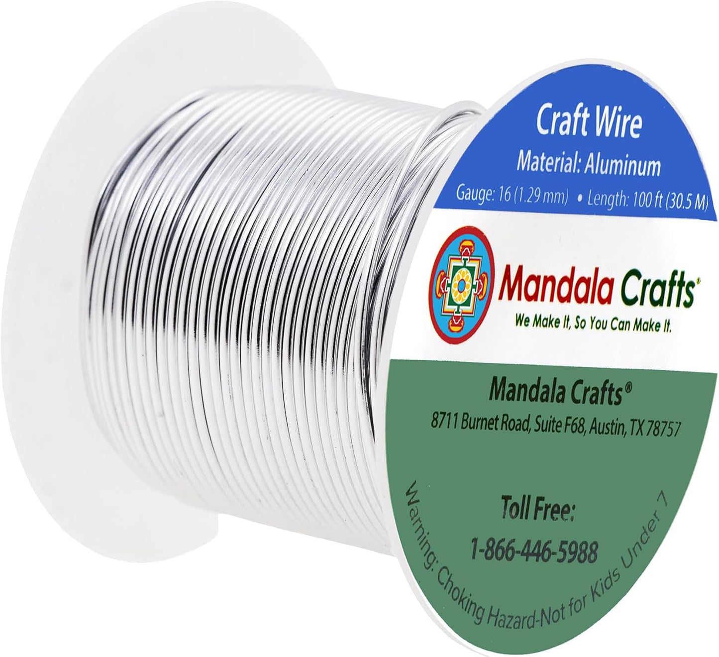 Mandala Crafts 16 Gauge Anodized Aluminum Craft Wire for Jewelry Making - 100 FT Colored Flexible Silver Tone Wire - Bendable for Bonsai Armature Crafting Sculpting