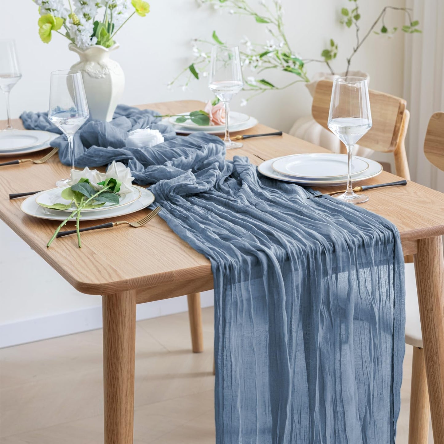 Asee'm 2pcs Cheesecloth Table Runner 120 Inches Dusty Blue Boho Gauze Cheese Cloth Runner 10FT Rustic Sheer Table Runners for Centerpiece Wedding Baby Shower Spring Easter Decoration
