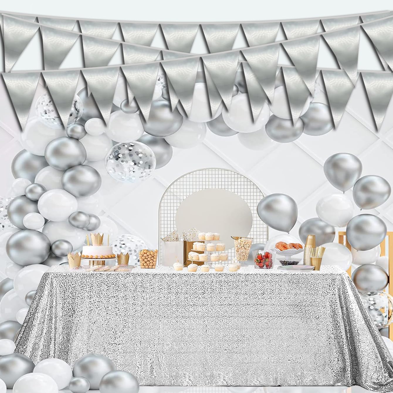 40M/130FT Silver Triangle Pennant Banner Flag Metallic Fabric Bunting Garland for Christmas Graduation Wedding Engagement Anniversary Bachelorette Birthday Bridal Shower Valentines Hen Party Supplies