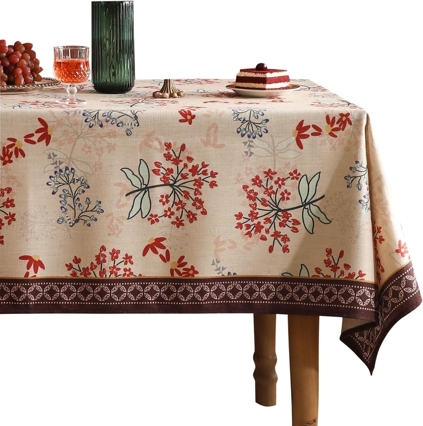 patdrea Designer French Linen Long Rectangle Tablecloth for Rectangle Table,Vintage Red Floral Tablecloths,Table Cover for Kitchen Dining,Tea Party,Christmas,Thanksgiving,Holiday,55"x79"-Newmari