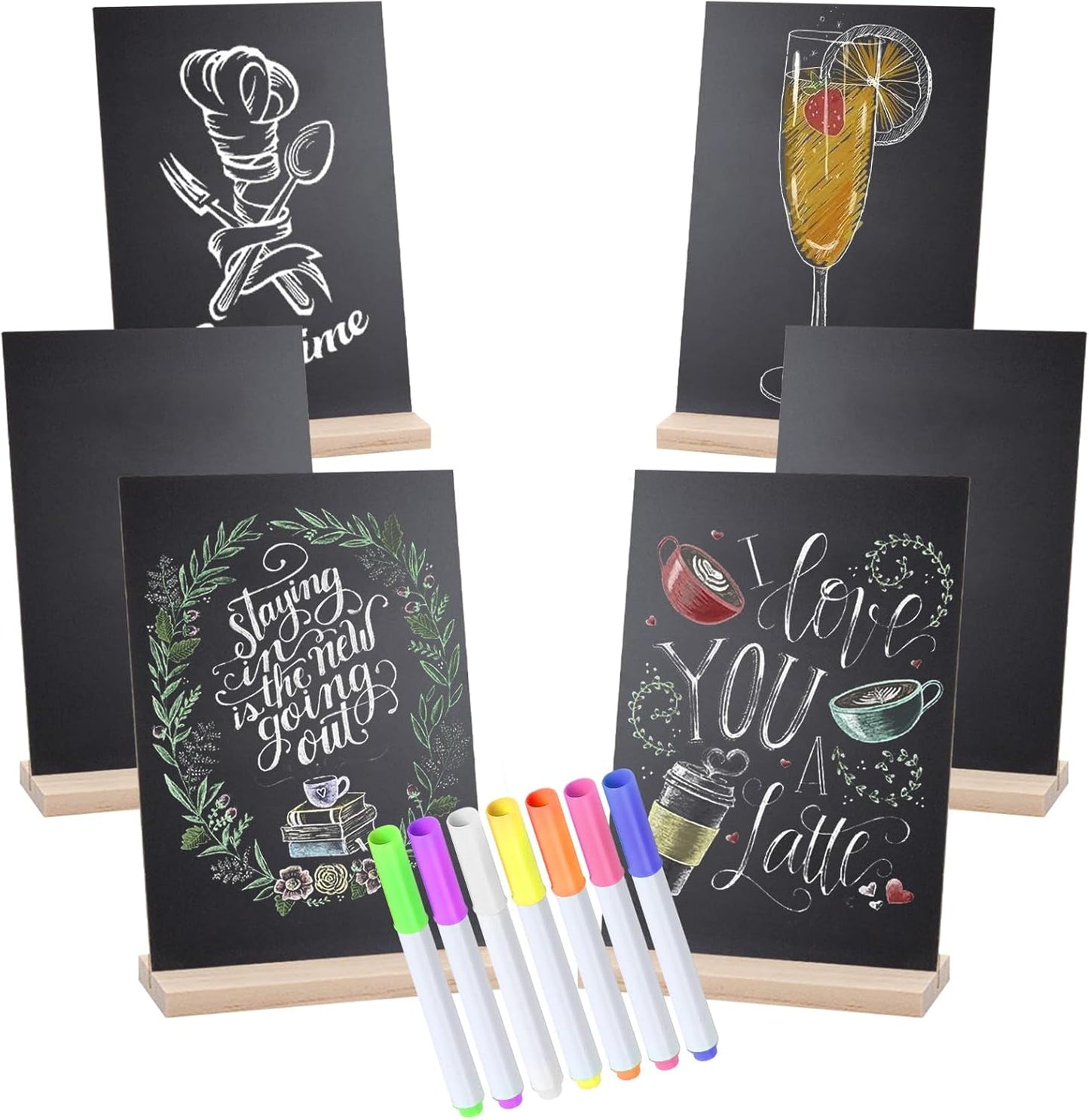 Small Chalkboard Signs, Double Side 6 x 9 Inch Wooden Tabletop Chalkboard Sign with Base Stands - Set of 6, Decorative Mini Table Signs Message Chalk Board Sign for Kitchen Wedding Bar and Restaurant