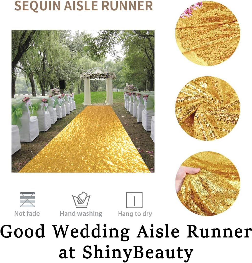 ShinyBeauty 4x20ft Sequined Gold Wedding Aisle Runner – Floral Printed Reusable Carpet Runner for Bride Walkway, Indoor Outdoor Ceremony