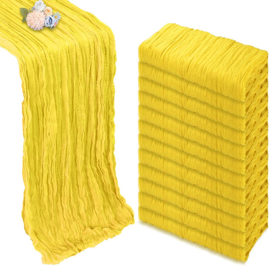 12 Pack Lemon Yellow Cheesecloth Table Runner 10ft Boho Gauze Fabric Cheese Cloth Table Runner 35 x 120 Inch Rustic Sheer for Romantic Wedding Decor Baby Shower Party Table Centerpiece Decoration