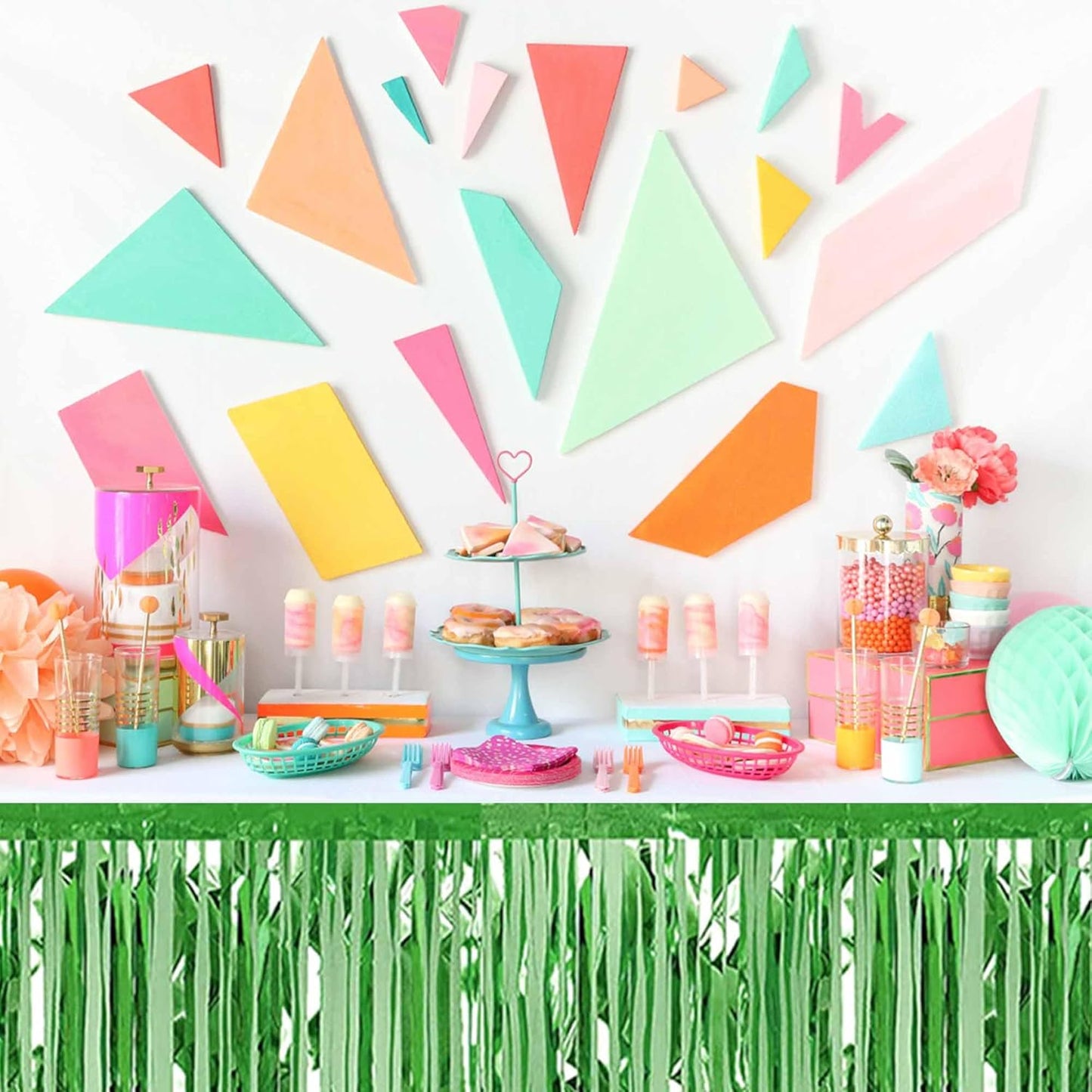 3 Pack 29 x108 Inch Light Green Foil Fringe Table Skirts Metallic Banner for Tinsel Streamer Garland Backdrop for Parade Floats Mother's Day, Graduate, Birthday, Wedding Party Decoration