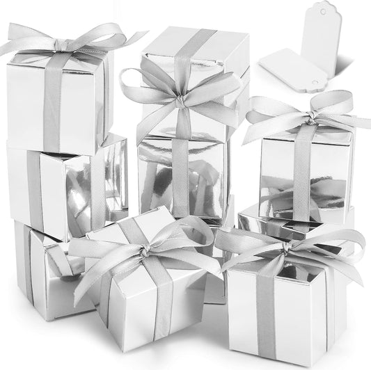 COCPOK 50 Pack Silver Gift Boxes, 2x2x2 inch Gift Box, Small Candy Boxes with Lids and Ribbons, Paper Favor Box for Wedding Bridal Shower Baby Shower Birthday Party