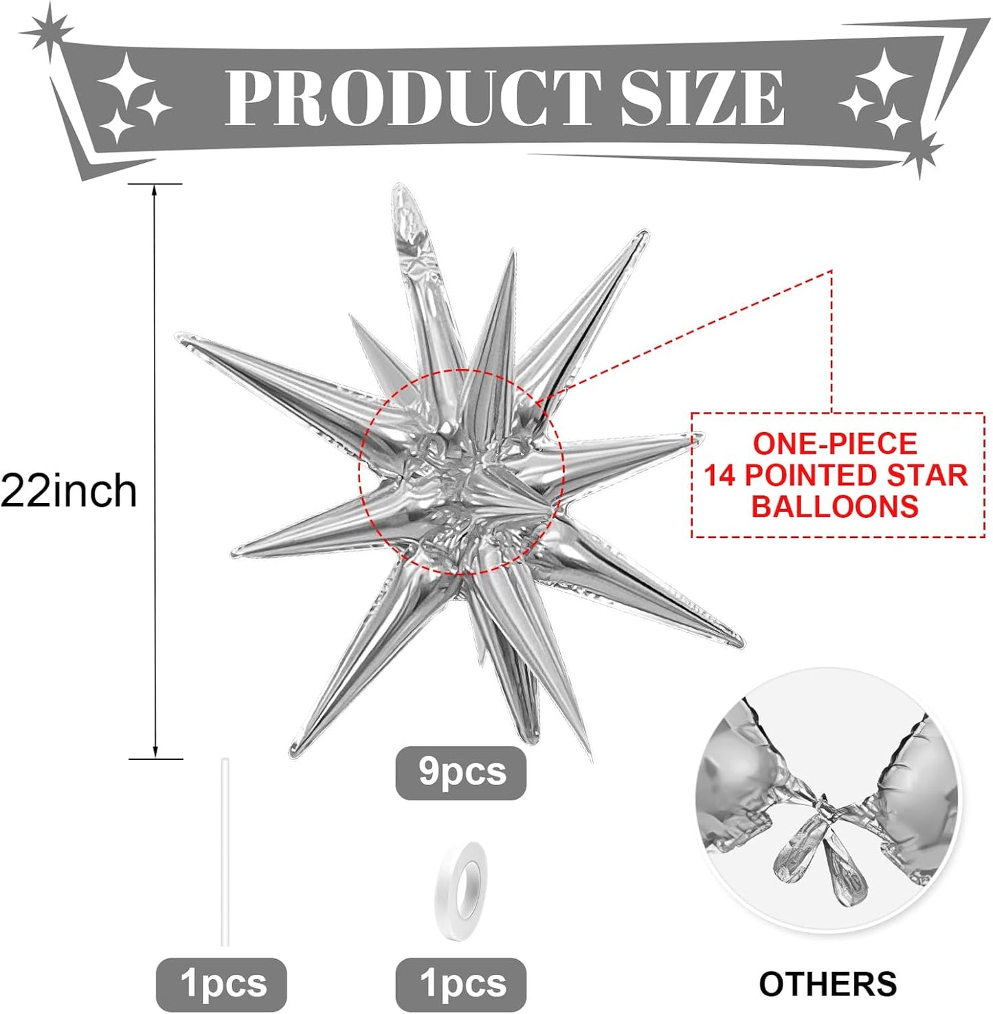 Silver Star Balloons,9Pcs 22Inch Silver Explosion Spike Cone Helium Polyester Film Star Foil Balloons for Birthday Anniversary Baby Shower Wedding New Year Disco Party Decorations