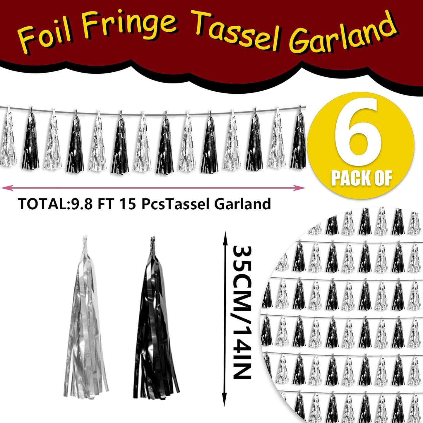 6P Black Silver Foil Fringe Metallic Tassel Streamers Banner Tassel Garland for Parade Floats, Graduation, Wedding, Birthday, Graduation, Christmas, Bridal/Baby Shower Party Decorations