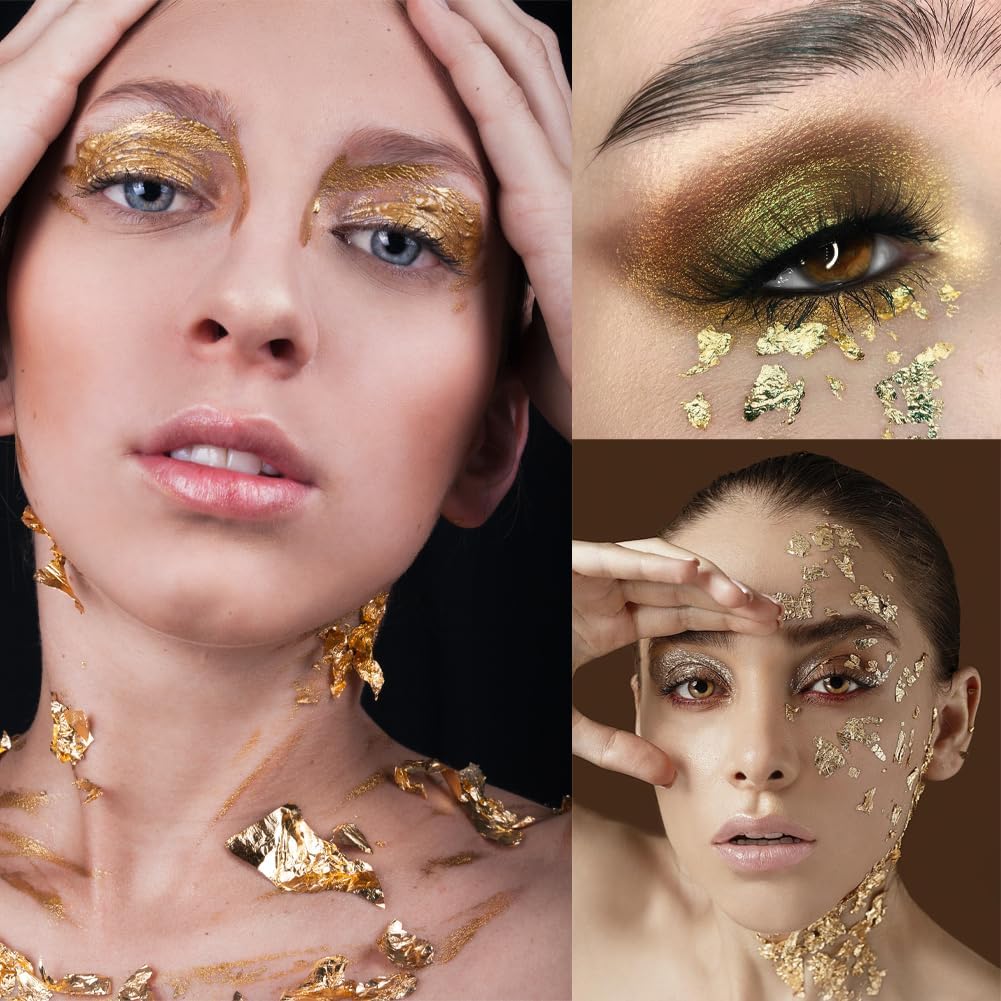 Gold Flakes for Resin, 2 Bottles 10g Imitation Golden Foil Gilding Flake Metallic Leaf for Cake Decoration Chocolate Making Nails Painting Art Crafts with Bamboo Tweezers (Gold, Silver Colors)