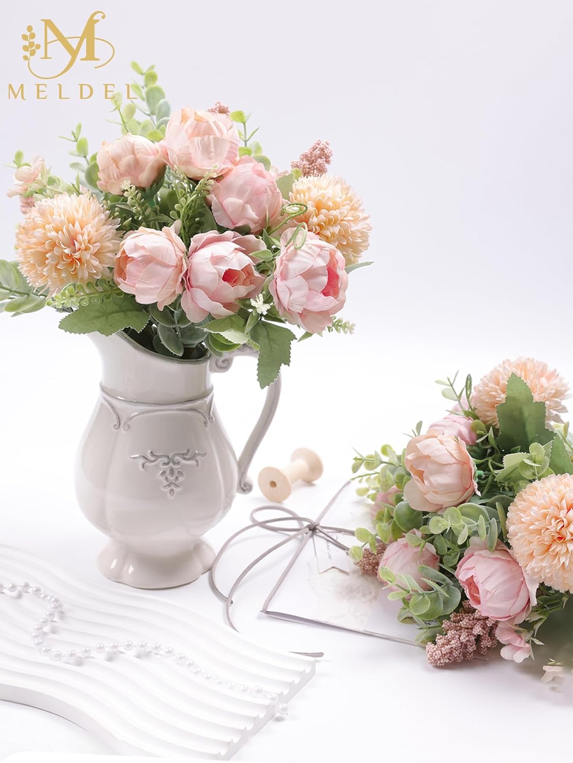 Meldel 3Pcs Peony Bouquet Light Pink Champagne Rose Artificial Flowers Eucalyptus Plants Silk Flower Arrangements Wedding Bouquets Decorations Plastic Floral Centerpieces for Home Kitchen Party Decor