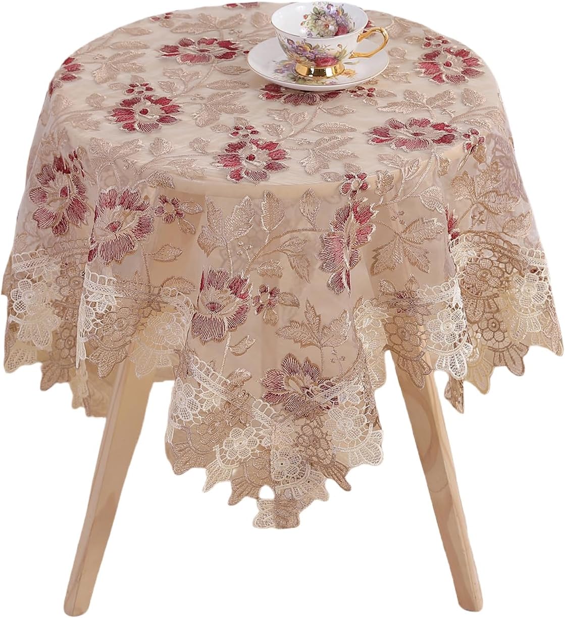 Lace Floral Tablecloth Round Lace Vintage Decorative Exquisite Border Table Cover for Party Wedding Home Decorations, Round-48, Red