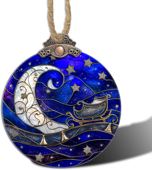Stained Glass Christmas Decorations, Blue Starry Sky Silver Moon Suncatcher for Window Christmas Tree Hanging Ornaments Bell Sun Catcher Xmas Decor Gifts for Women Men Mom Nana Friend