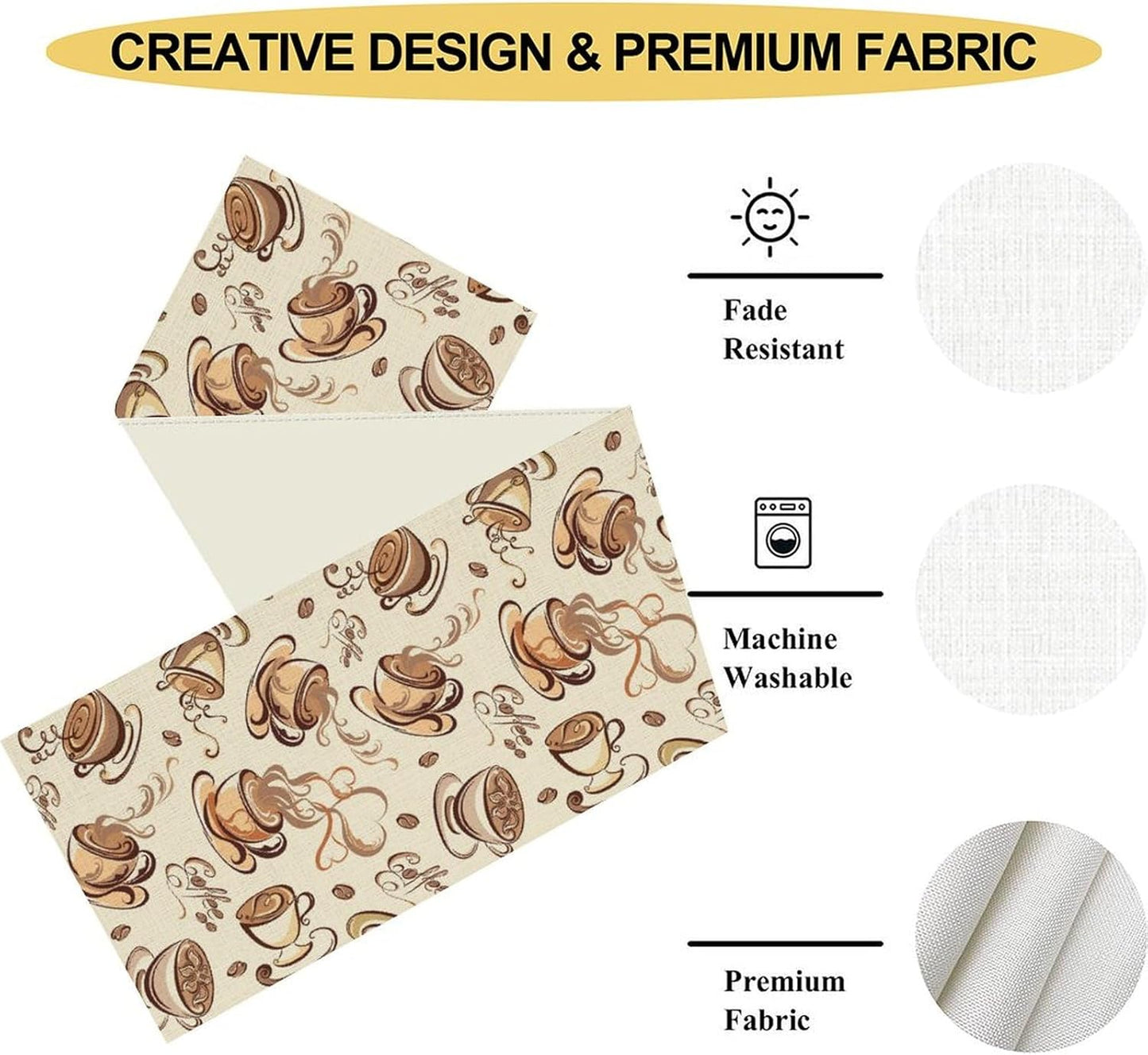 Coffee Time Table Runner, Farmhouse Retro Coffee Cup Tea Party Cafe Table Center Decor for Home Kitchen Dining Patio Holiday Party Indoor Outdoor Table Decorations,13"x108" Inch