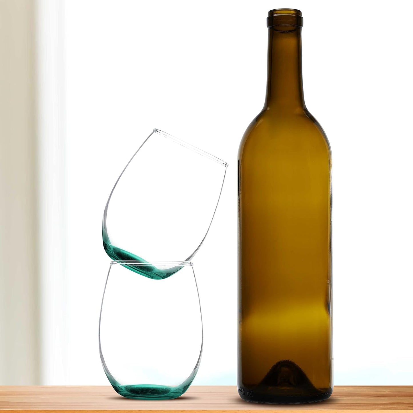 DISCOUNT PROMOS Stemless Wine Glass 9 oz. Set of 10, Bulk Pack - Great for Wedding Favors, Bachelorette Party and More - Green Bottom Color