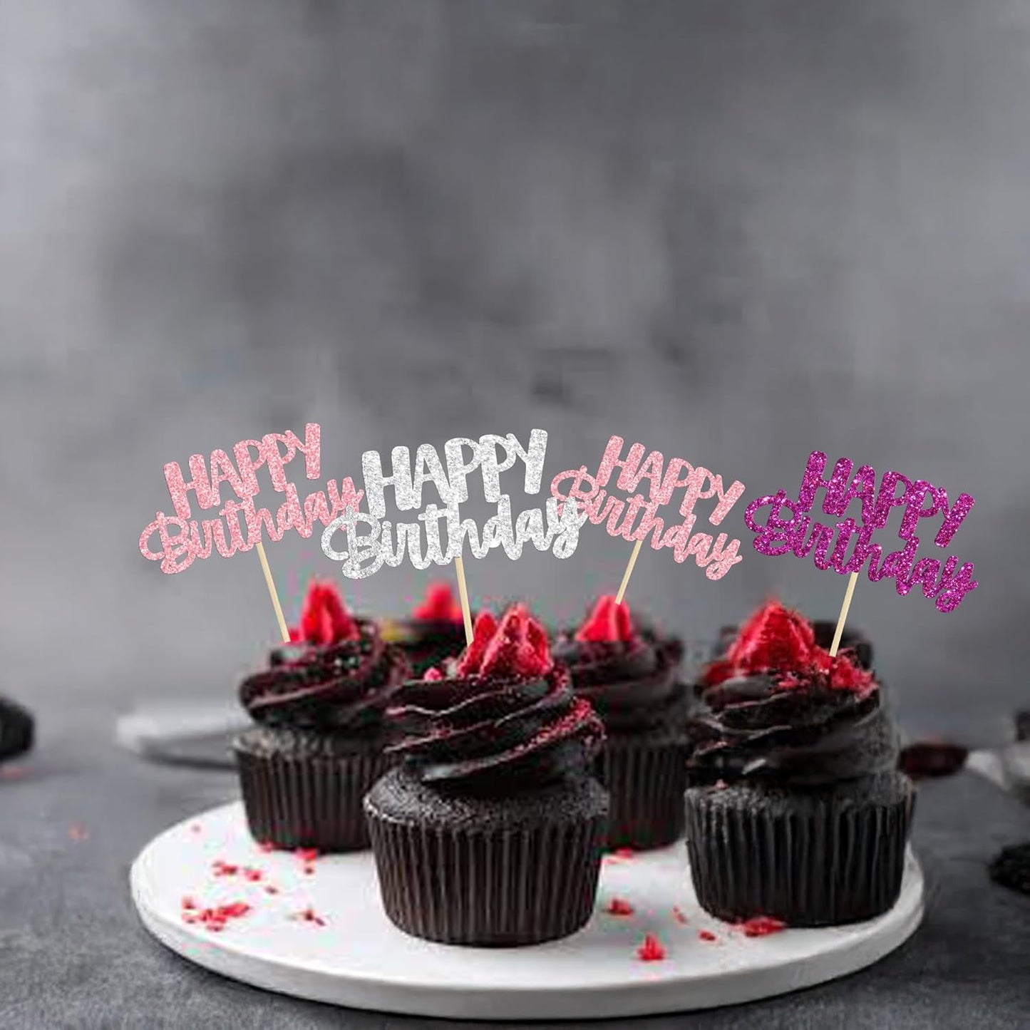 Gyufise 24Pcs Happy Birthday Cupcake Toppers Glitter Birthday Cupcake Food Picks for Celebrating Happy Hallowenn Theme Party Cake Decorations Supplies Purple White Silver
