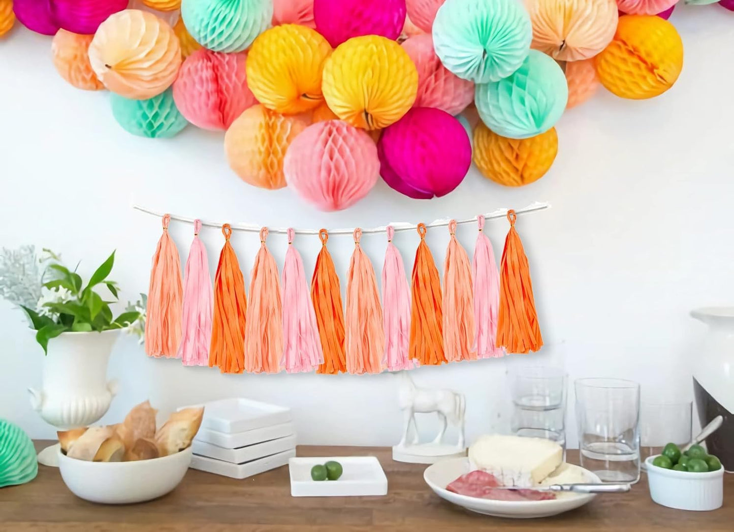 Pink and Orange Paper Tissue Tassel Garland Banner for Pink and Orange Decorations,Rose red Pink and Orange,15 Pcs