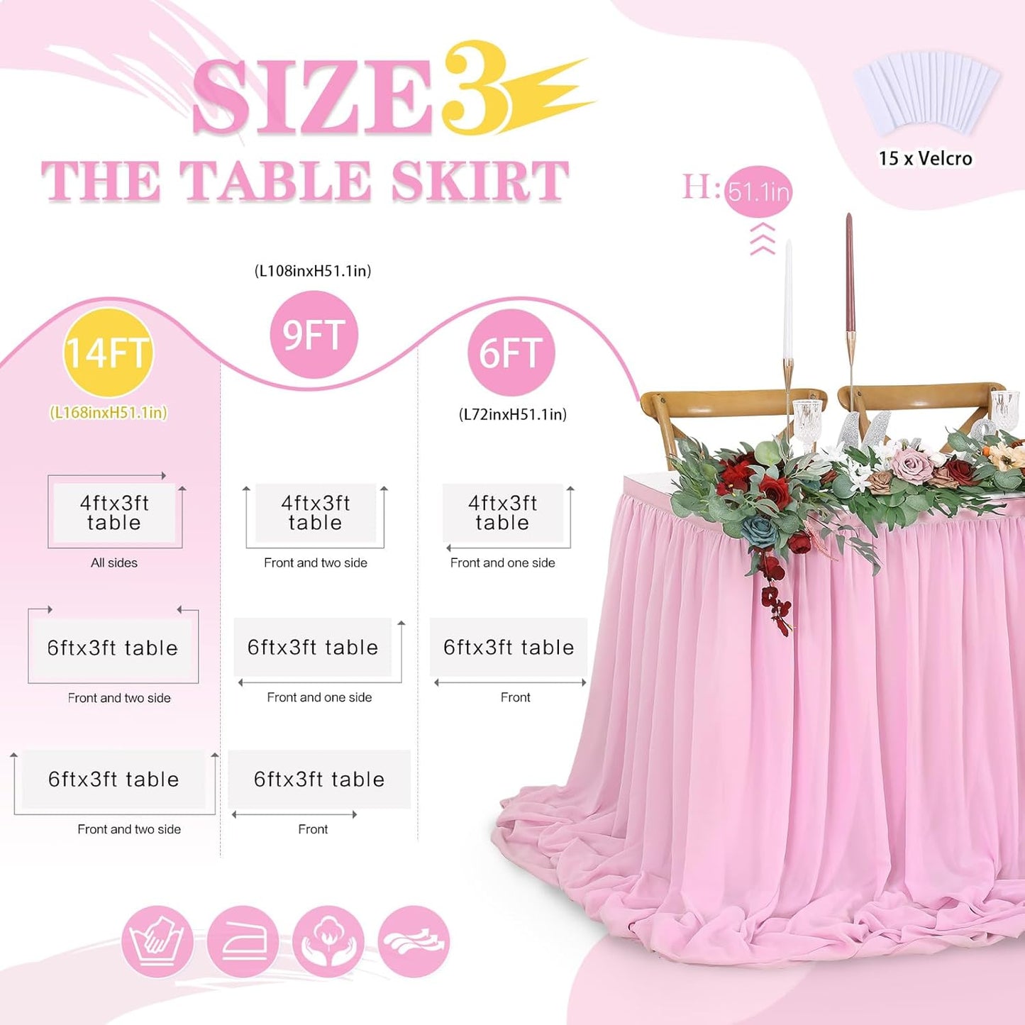 QueenDream Pink Sheer Table Skirts 14ft Chiffon Tablecloth for Rectangle Tables for Baby Shower Birthday Party Wedding Decorations
