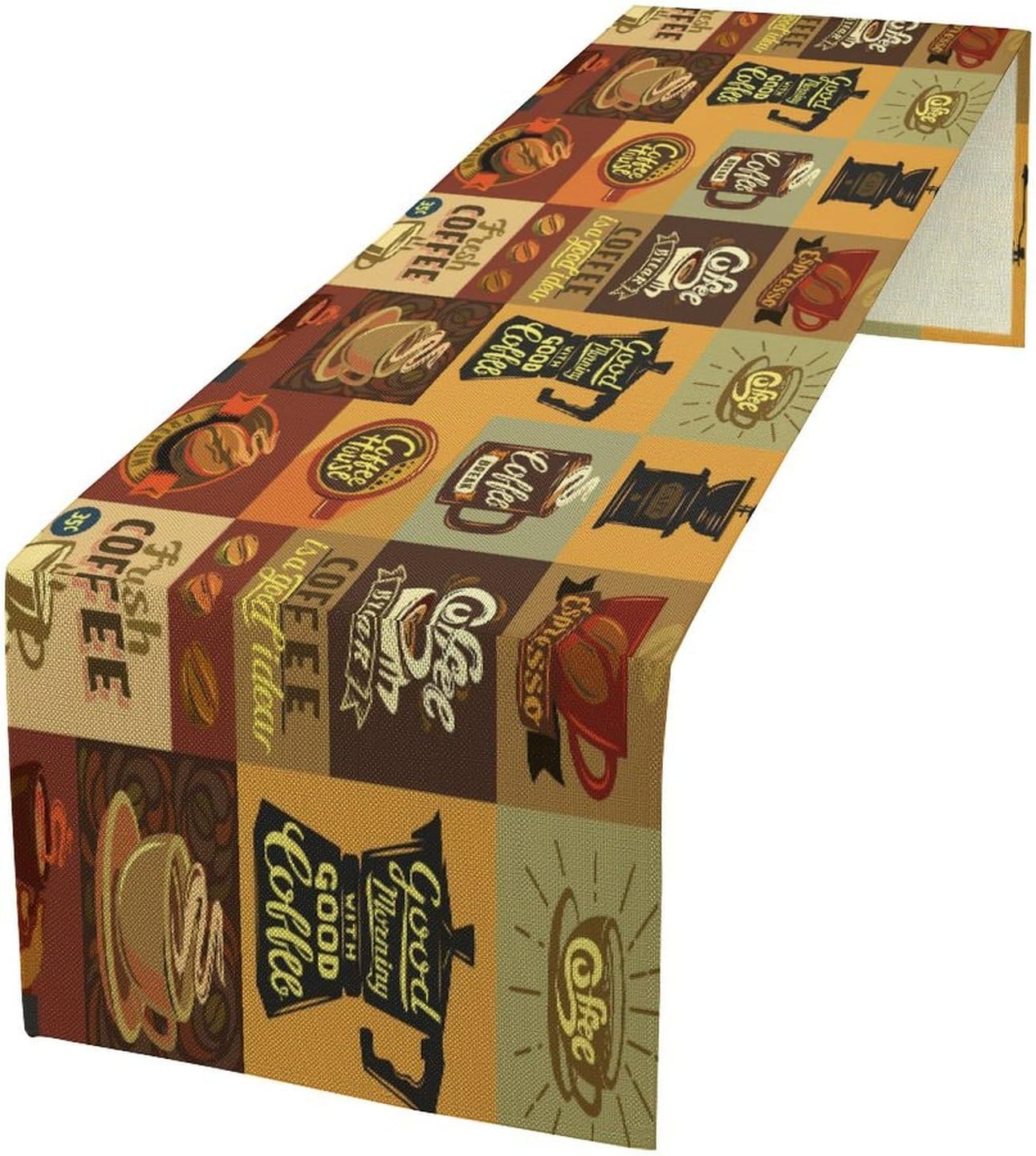 Coffee Table Runner,Vintage Style Coffee Beans Cups Theme Design Pattern Print Tablecloth Burlap for Hotel Indoors Outdoor Dining Room Kitchen Holiday Party, 13x108in