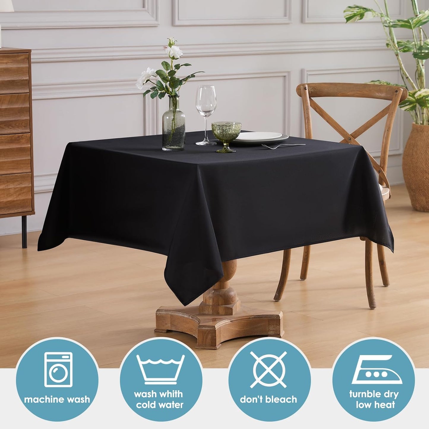 VidaFete Square Tablecloth 2 Pack 52 x 52 Inch Tablecloths Stain Wrinkle Resistant Polyester Dining Table Cover for Kitchen Dinning Party Wedding Rectangular Tabletop Buffet Decoration(Black)