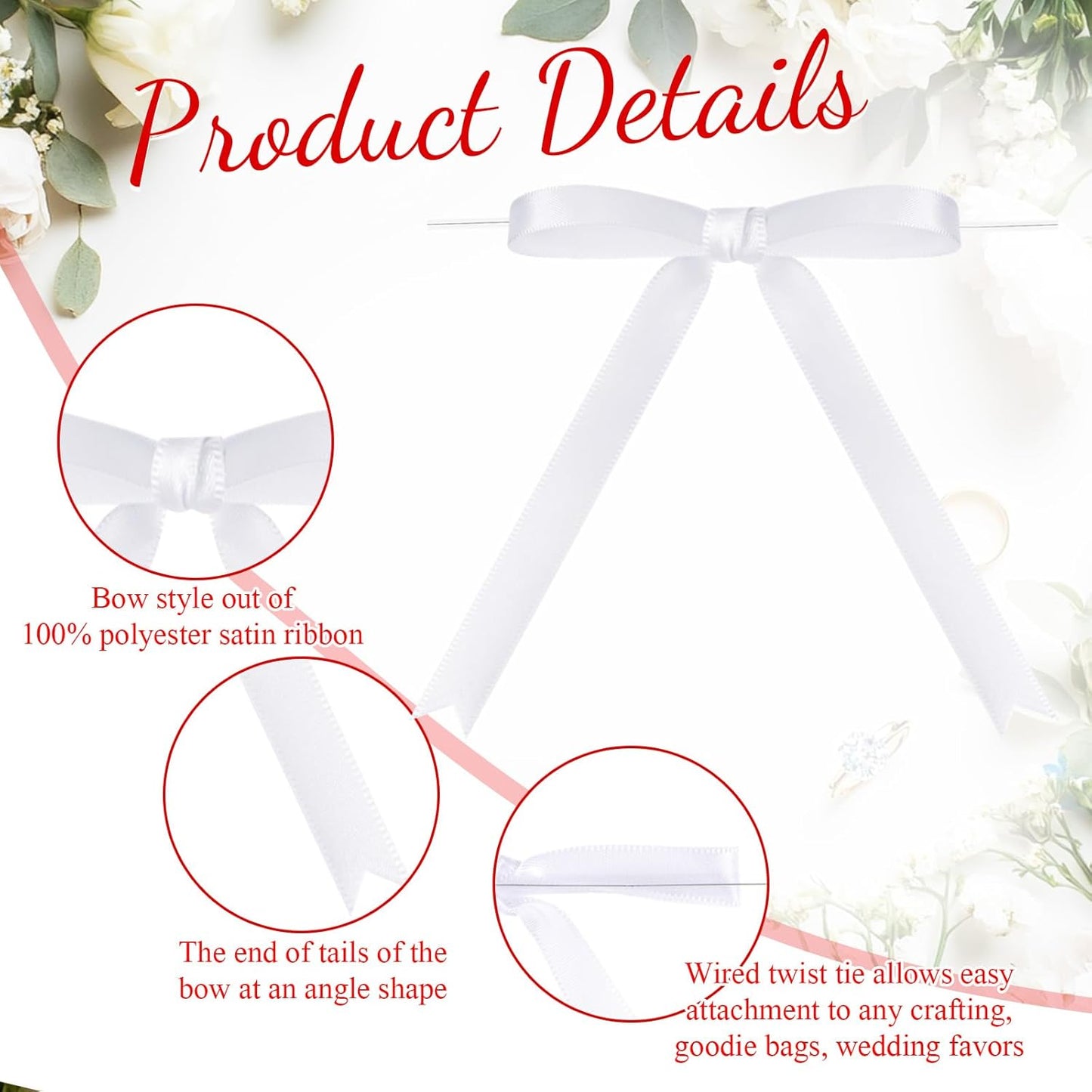 Riceshoot 50 Pcs Twist Tie Bows for Cake 3x4.5 Inch Satin Ribbon Bows for Gift Wrapping Treat Bags Craft DIY Wedding Baby Shower Birthday Party(White)