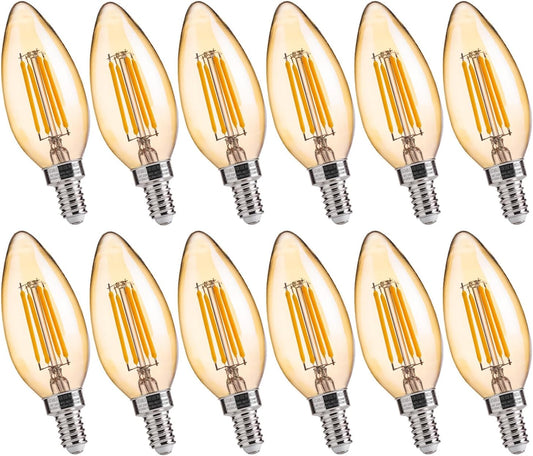 FLSNT LED Candelabra Light Bulbs 40W Equivalent, B11 E12 Small Base Chandelier Bulbs, 2200K Warm White, Dimmable, 330LM, Amber Glass Finishing, 12 Pack UL,CA65 Listed.