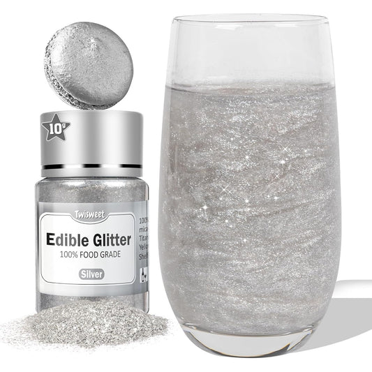 Twisweet Silver Edible Glitter for Drinks, Food Grade 10g Sparkling Sprinkles Cake Decorating Supplies, Edible Luster Dust for Cocktail Beverages, Food Coloring Shimmer Powder for Cupcakes Cookies Cake Decorations