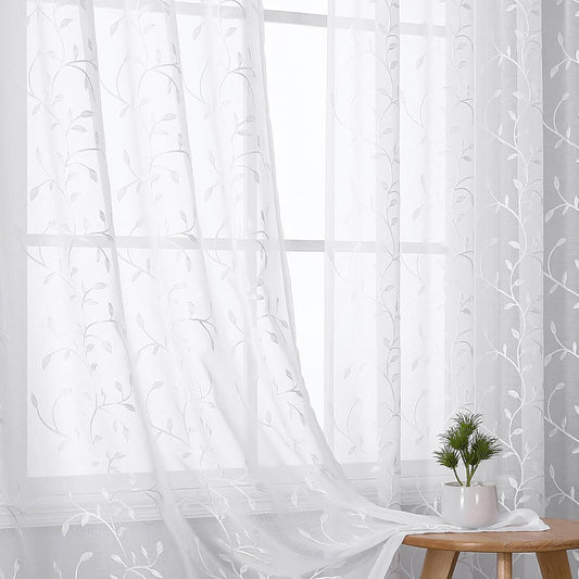 VISIONTEX White Sheer Voile Curtains, Decorative Leaves Embroidery Faux Linen Rod Pocket Window Drapes for Home Kitchen, Living Room and Bedroom 54 x 95 Inch, Set of 2 Curtain Panels