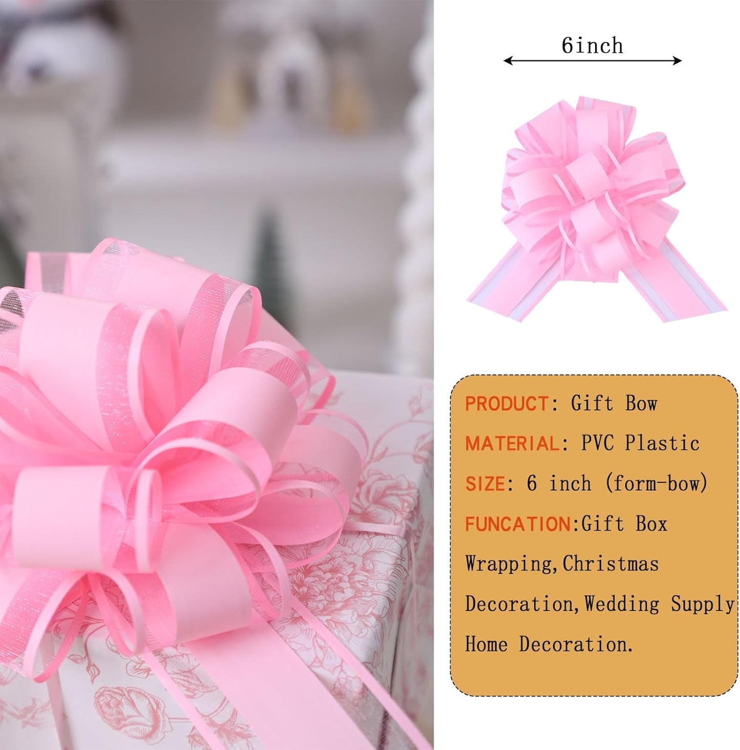 6Pcs 6inch Pull Bow Gift Wrapping,Pull Bow For Gift Basket, Gift Bag Box Wrapping Decor, Valentines Day, Birthday, Anniversary, Wedding, Flower Packaging (Pink)