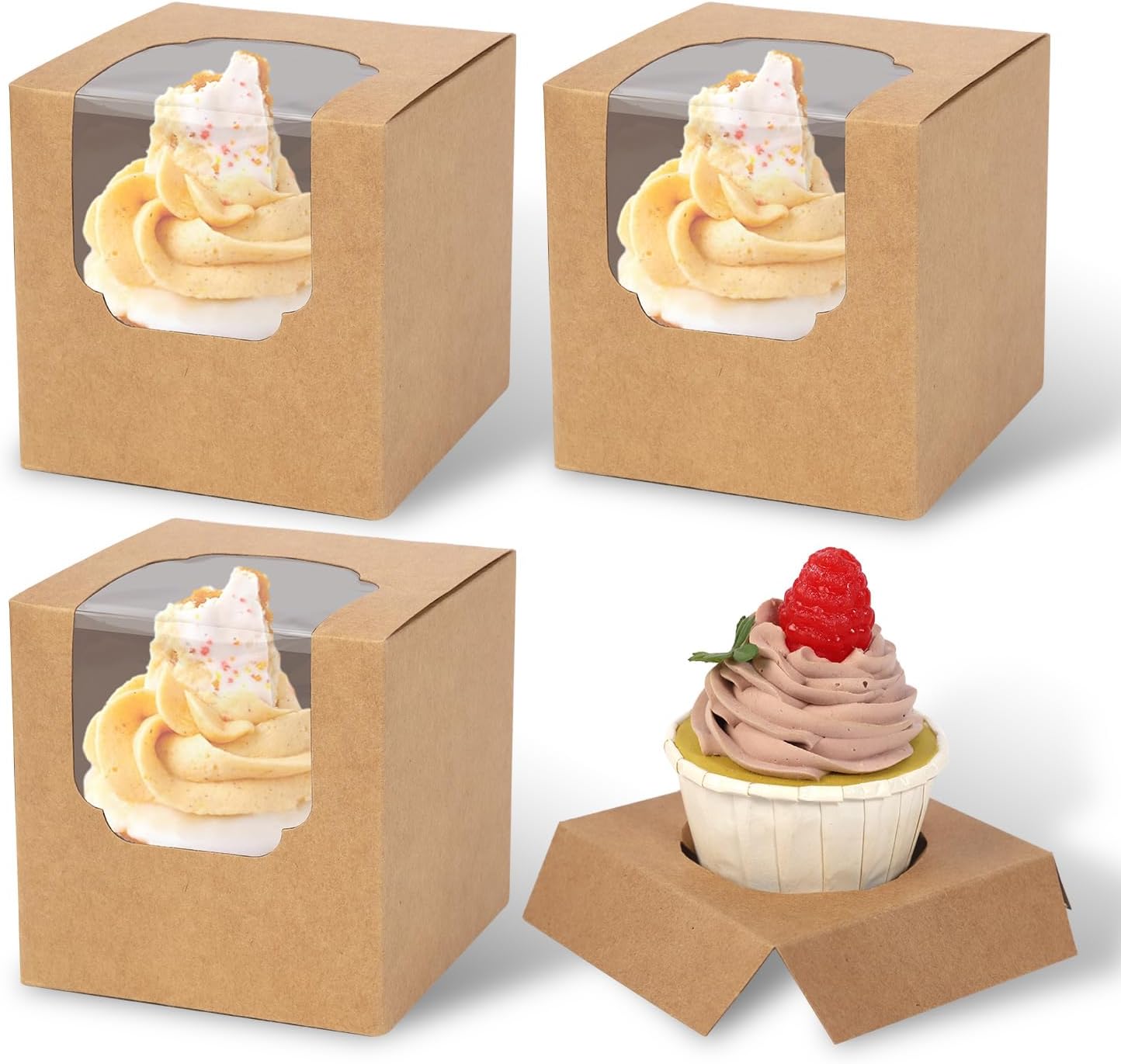 JCD 120pcs Cupcake Boxes, 3.5inches Individual Pre-Assembled Kraft Brown Cupcake Boxes with Window Single Cupcake Containers for Mother's Day, Birthdays, Baby Shower (Brown/120Pcs)