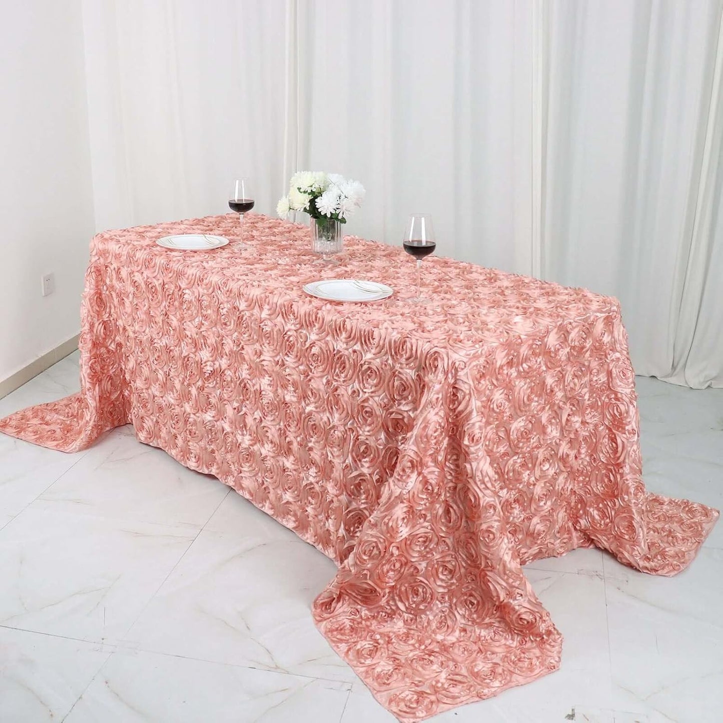 Efavormart 90"X132" Dusty Rose Grandiose 3D Rosette Satin Rectangle Tablecloth for Wedding Party Event