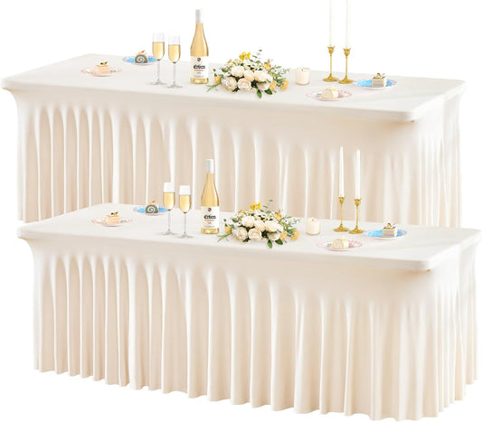 Wish Care 2 Pack Ivory Spandex Table Clothes for 4 Foot Rectangle Tables, 4FT Wrinkle Free Fitted Tablecloths Ruffles Design Table Cover for Party, Banquet, Wedding and Events