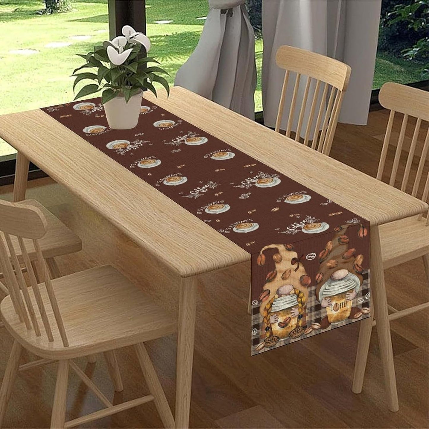 Coffee Time Table Runner, Farmhouse Retro Gnome Coffee Cup Tea Party Cafe Brwon Table Center Decor for Home Kitchen Dining Patio Holiday Party Indoor Outdoor Table Decorations,13"x72" Inch