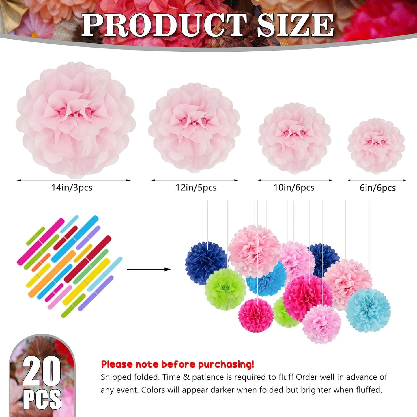 Tissue Paper Pom Poms, Light Pink Tissue Paper Flowers, Hanging Flower Balls for Weddings Fiesta Parties Birthday Baby Showers Classroom Bridal Shower Decoration (20Piece Set-6/10/12/14Inch)