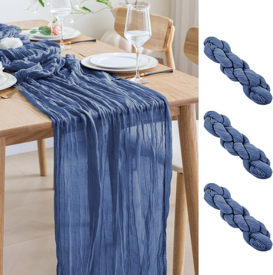 Asee'm 3pcs Cheesecloth Table Runner 120 Inches Long Blue Boho Gauze Cheese Cloth Runner 10FT Rustic Sheer Table Runners for Christmas Wedding Party Baby Shower Spring Easter Decoration