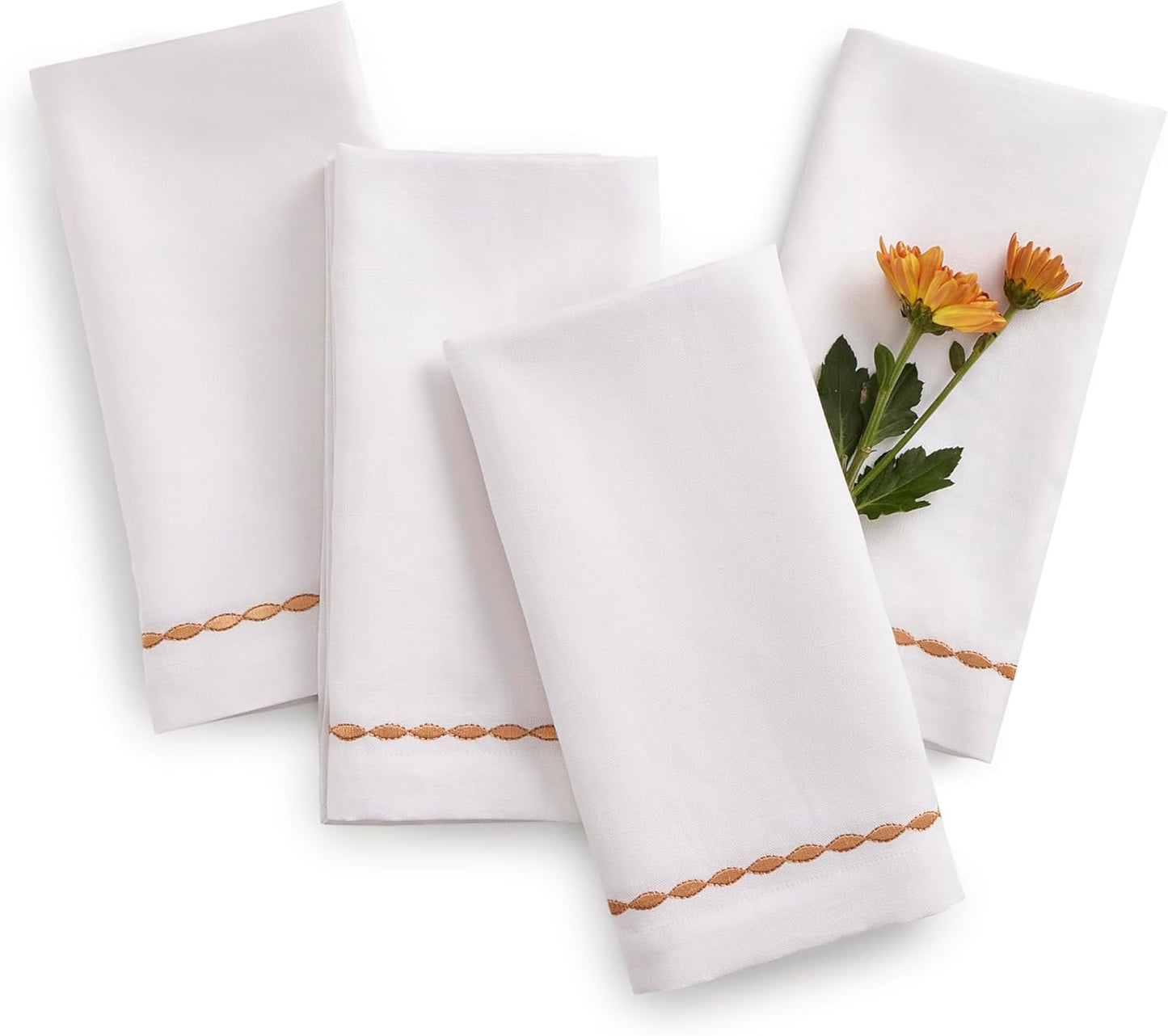 Cotton Linen Dinner Napkins 20 x 20 Inch – White Cloth Napkins with Motif Embroidery – Set of 4 Washable Fabric Napkins for Spring, Summer, Wedding Decoration, Gift