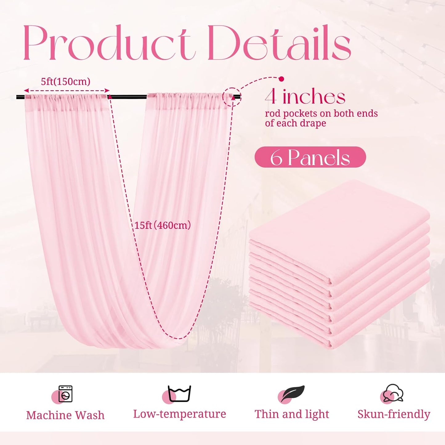 6 Panels Pink Ceiling Drapes for Wedding, 5ftx15ft Ceiling Drapes Cheesecloth Sheer Fabric Curtain Wedding Arch Draping Fabric Romantic Ceilings Decorations for Weddings Party Ceremony Stage