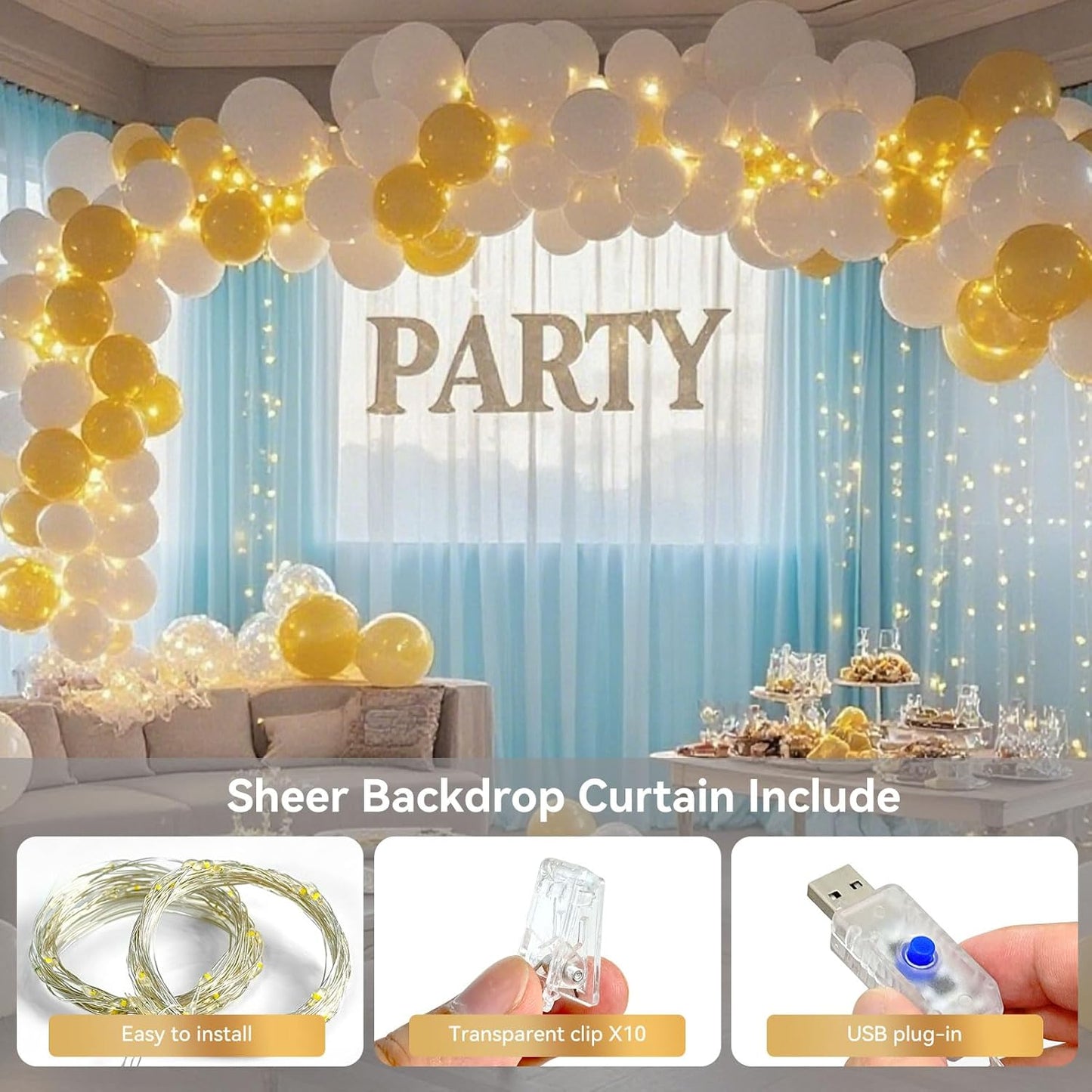 10×10ft Tulle Backdrop Curtains with Lights String - 300LED Fairy Lights Sheer Curtain Backdrop for Weddings Baby Shower and Birthday Party Decorations(6 Panels 5×10ft)