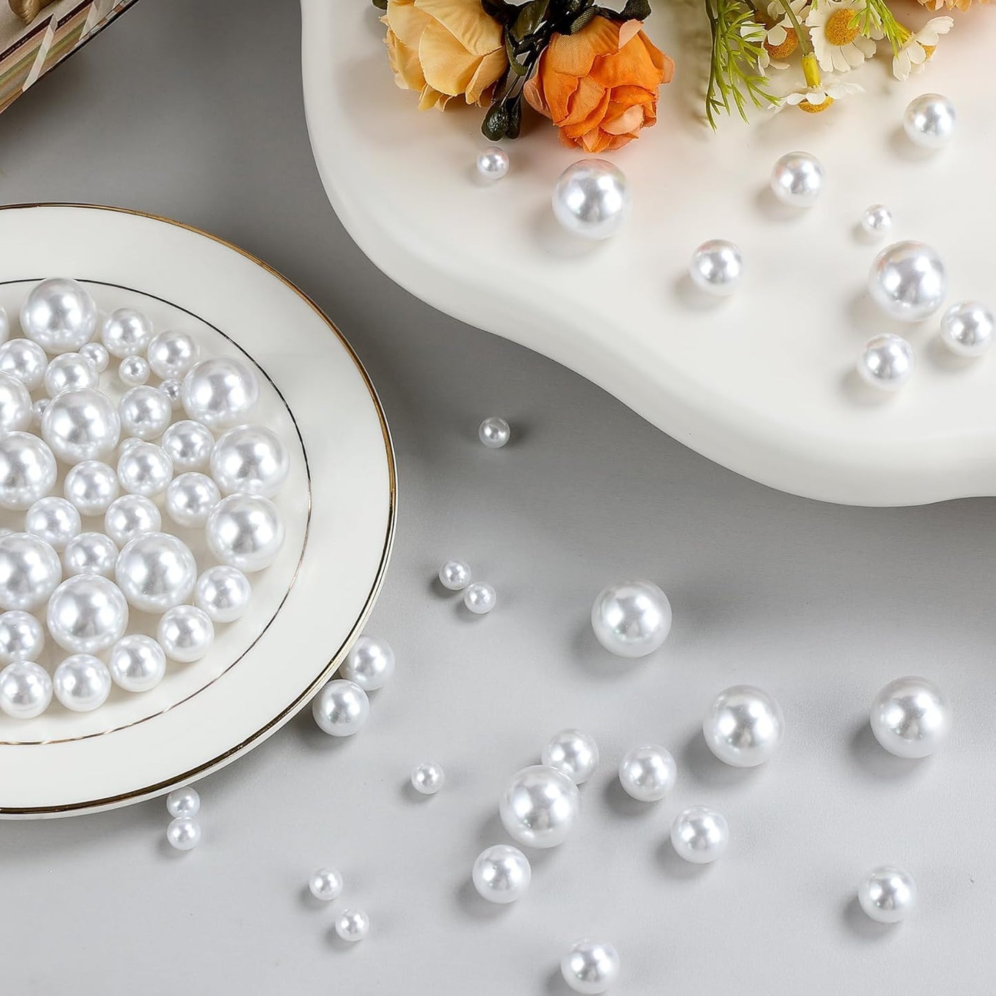 260Pcs White Glossy Beads - 6mm, 14mm, 18mm Round Plastic Pearl Beads for Centerpiece Decor, Wedding, Birthday, Christmas Party, Home Decor