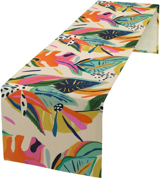 Colorful Flower Table Runner,Abstract Flower Blossom Botanical Pattern Print Tablecloth Burlap for Hotel Indoors Outdoor Dining Room Kitchen Table Decor, 13x36in