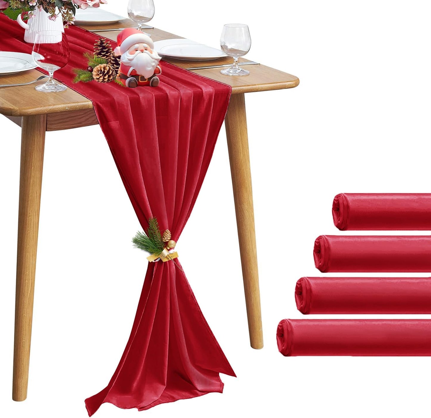 5 Pack 10Ft Red Chiffon Table Runner Sheer 29x120 Inch for Romantic Wedding Decor Bridal & Baby Shower Birthday Rustic Party Decoration
