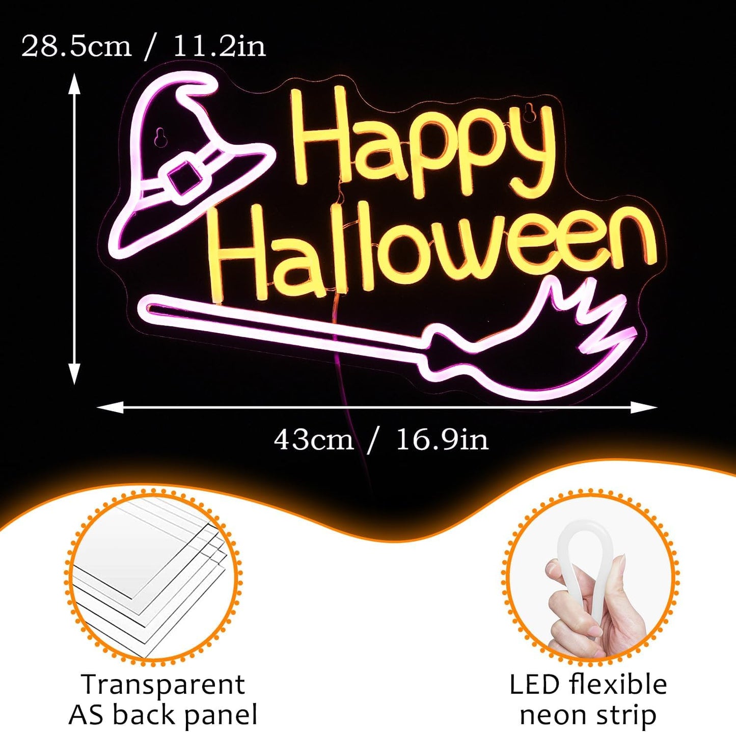 Happy Halloween Neon Sign Witch Hat Neon Sign Dimmable Broom Led Wall Decor Neon Lights Halloween Decorations for Home Spooky Party Kids Room