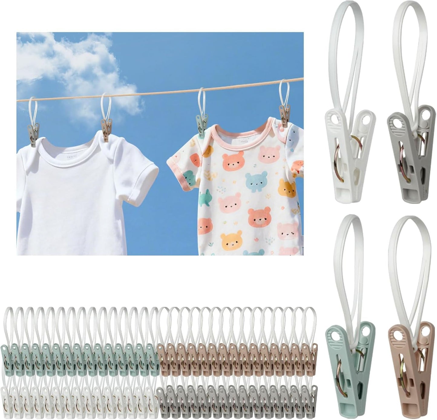 60 Pack Clothes Pins with Plastic Rope,Multi-Purpose Clips for Hanging,Windproof Plastic Clothespins for Hanging Baby Clothes,Socks,Hats, Pants, Bras, Underwears,Towels,Photos,White, Brown, Gray, Gree