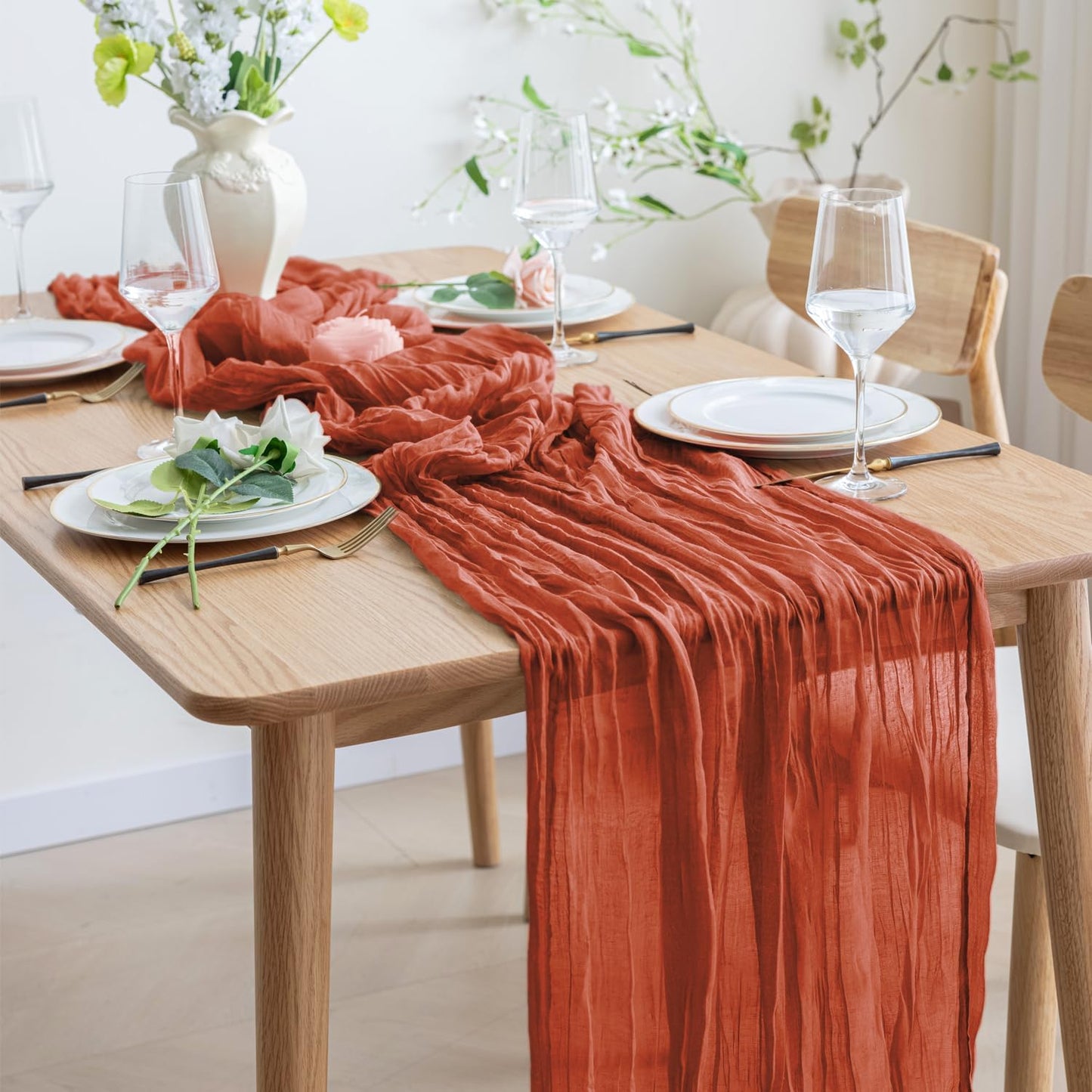 Asee'm 3pcs Cheesecloth Table Runner 120 Inches Long Terracotta Boho Gauze Cheese Cloth Runner 10FT Rustic Sheer Fall Table Runners for Thanksgiving Christmas Wedding Party Baby Shower Decoration