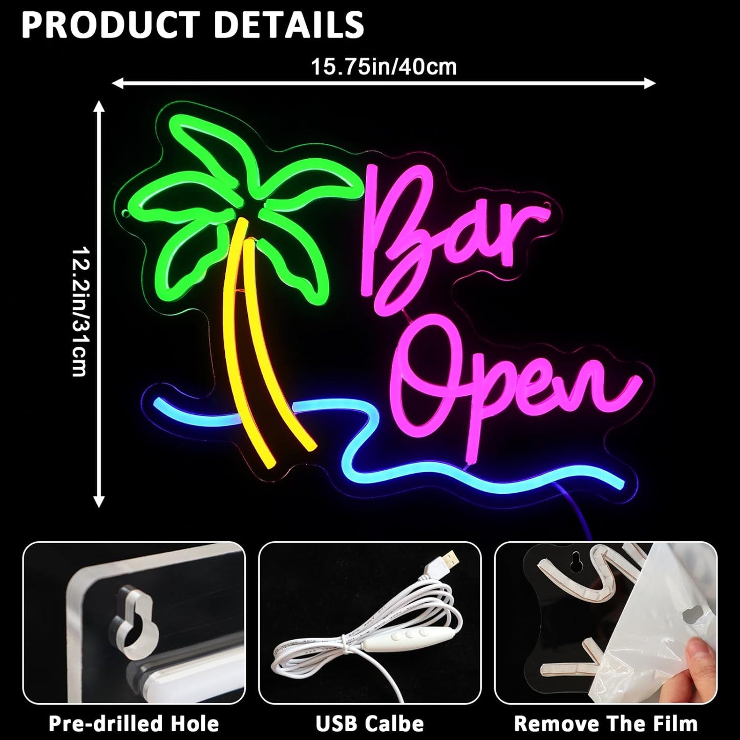 Bar Open Sign for Business, Neon Open Sign, USB Dimmable Palm Tree Neon Lights for Beer Bar Coffee Cafe Home Pub Man Cave Stores Hotel Party Window Wall Decor Restaurant