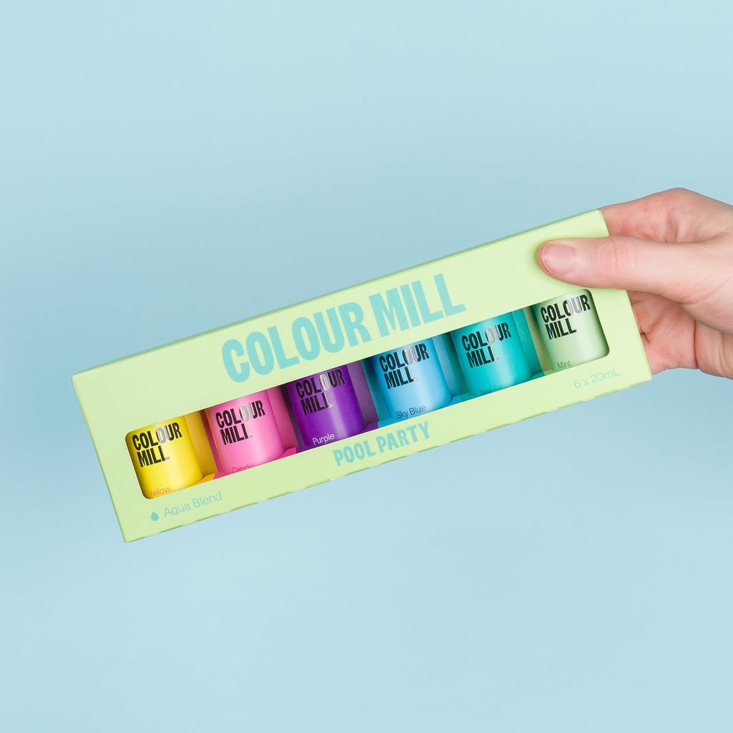 Colour Mill Pool Party Pack Aqua Blend Water-Based Food Coloring, 20 Milliliters Each of 6 Colors: Candy, Mint, Purple, Sky Blue, Teal and Yellow, 120.0 milliliters, 4.08 Fl Oz