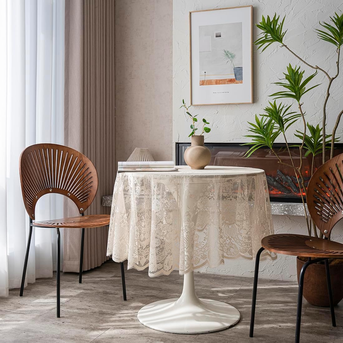 Vintage 60 inch Beige Lace Tablecloth Floral Embroidered Boho Shabby Chic Small Table Cover for Wedding Halloween Party Dinning Holiday, 1 Piece